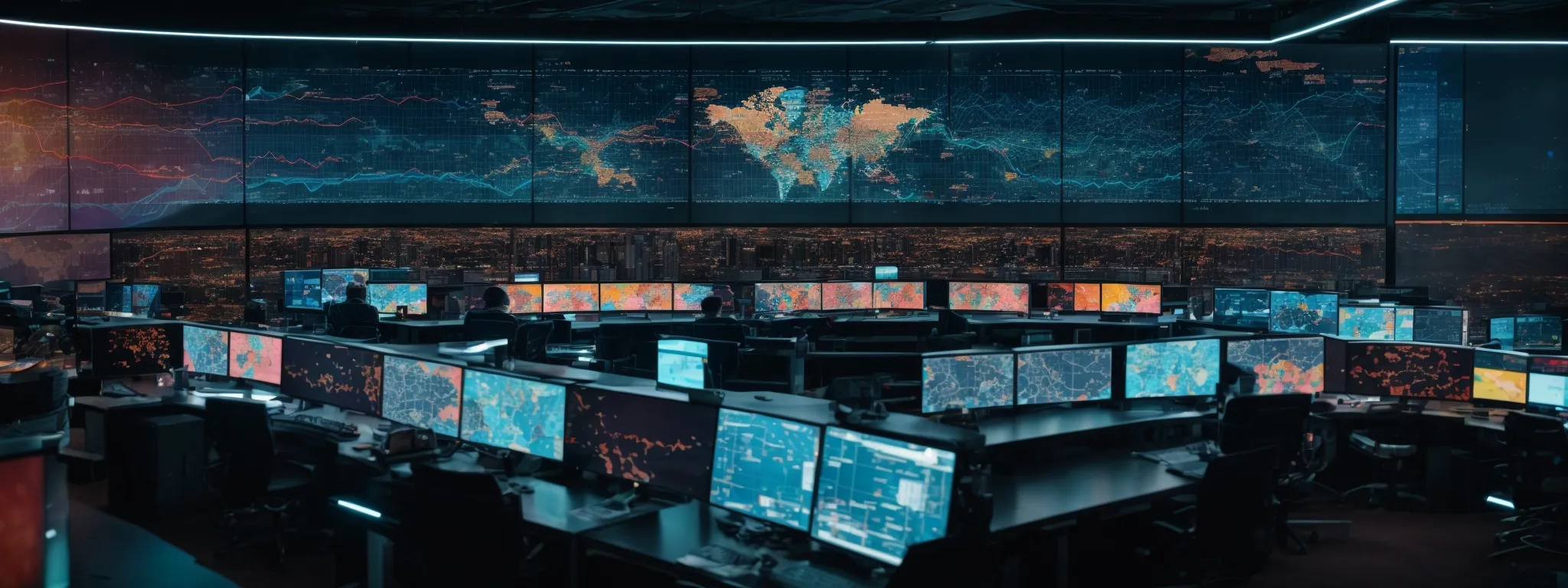 a panoramic view of a futuristic control room with an array of screens displaying colorful data analytics graphs and world maps tracking digital trends.