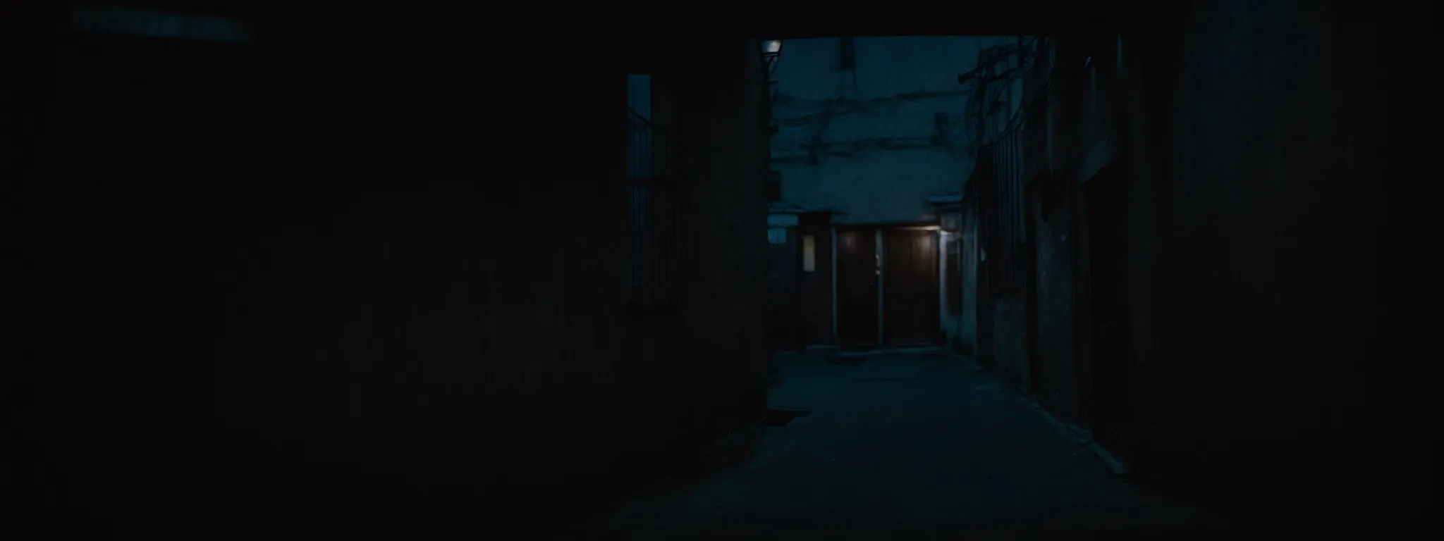 a dimly lit back alley with a single unmarked door, subtly drawing in the unaware.