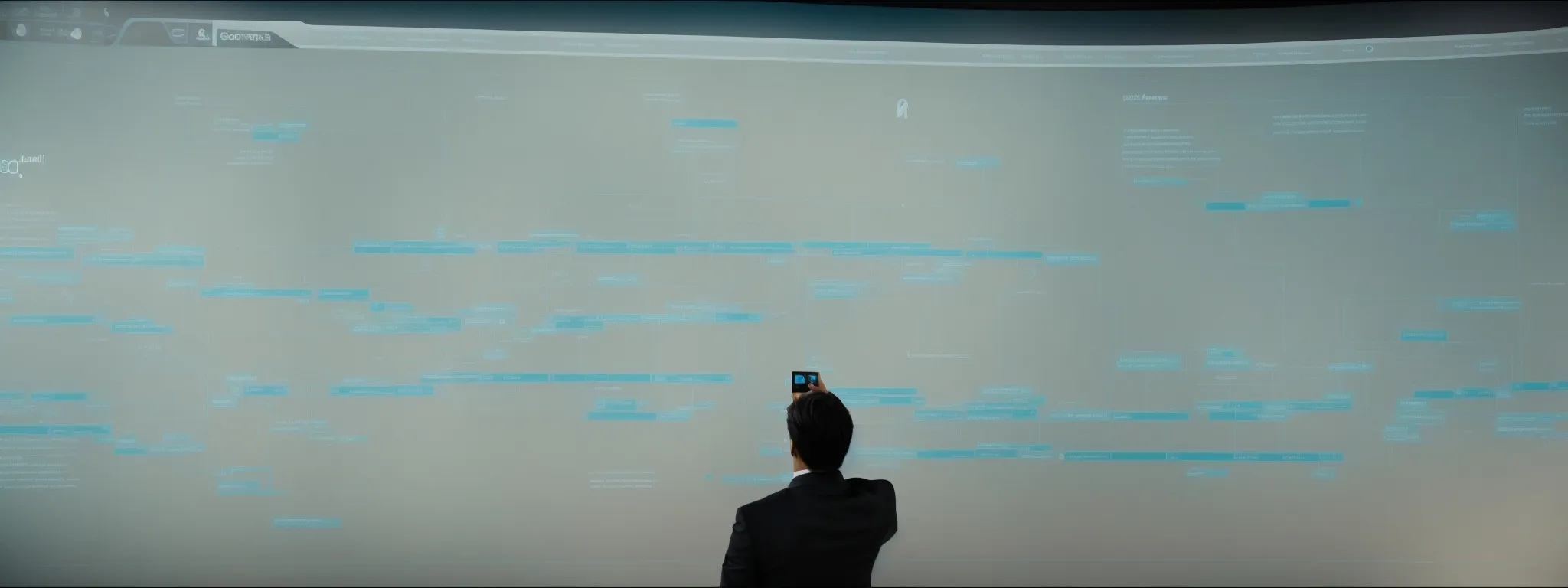 a webmaster orchestrates links on a large interactive screen displaying a website's sitemap.