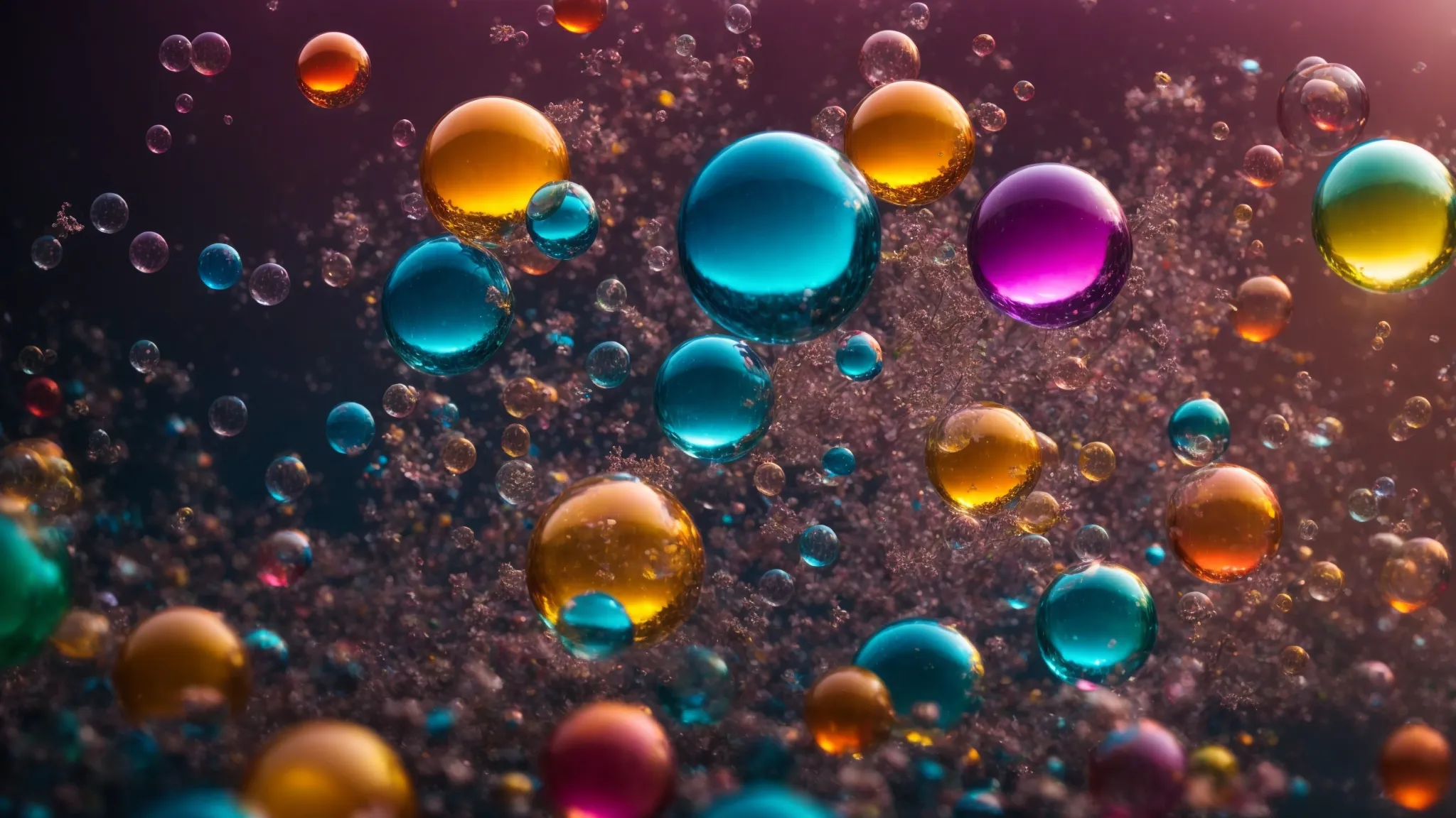 a cluster of diverse, colorful floating bubbles, each with different keywords visible inside them against a backdrop of faintly visible search engine result pages.
