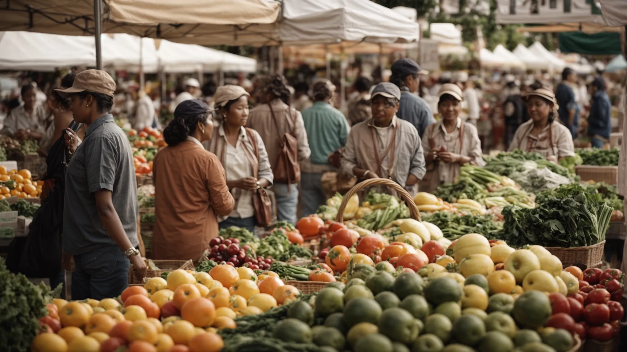 a bustling farmer's market with fresh produce and local vendors engaging with community members.