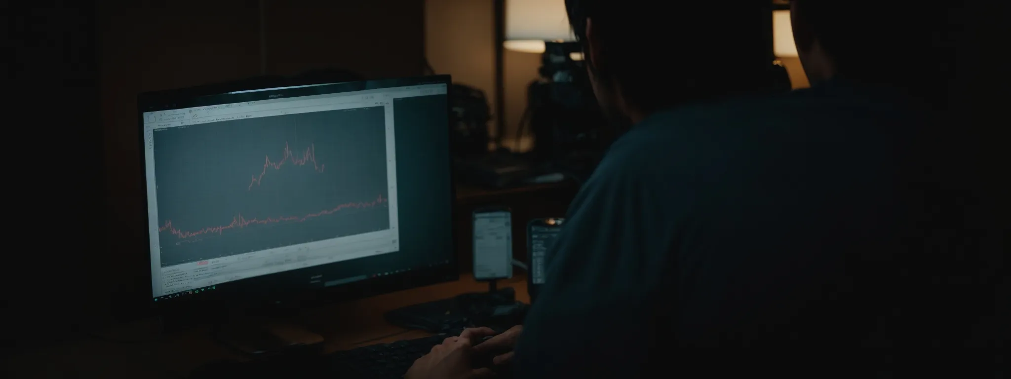 a person watching a graph on a computer screen that shows an upward trend in ad performance metrics.