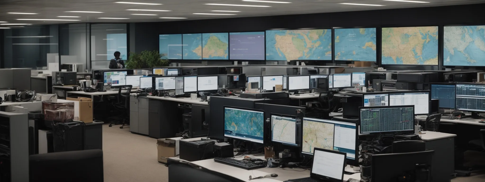 a tidy office with multiple computer screens displaying colorful analytics and a visible map highlighting various geographic locations.