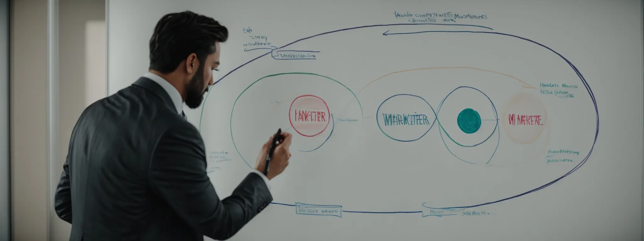 a marketer draws a venn diagram on a whiteboard to illustrate the overlap between traditional and digital marketing strategies.