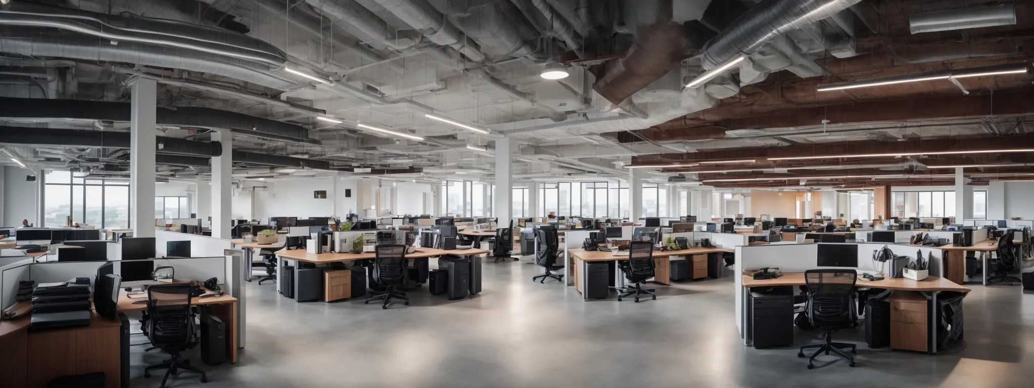 a panoramic view of a modern office with an open-plan layout, filled with contemporary desks and computers, where creative teams actively engage in digital marketing strategies.