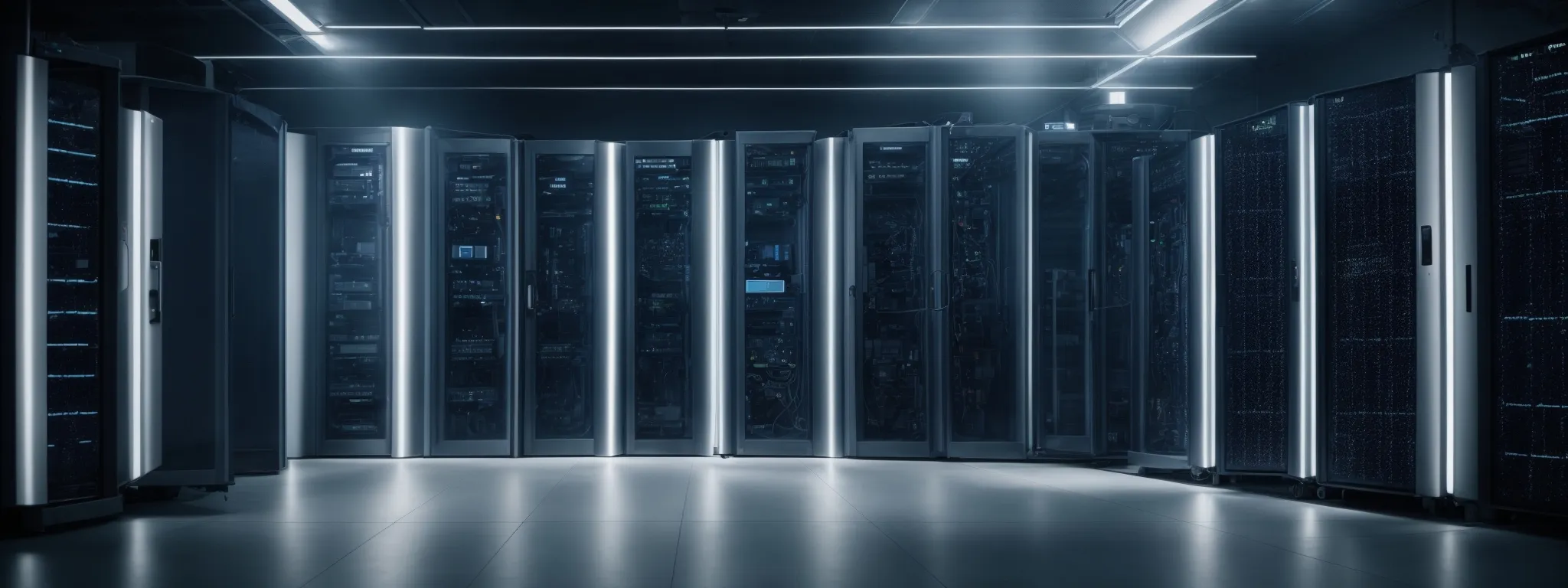 a secure, shielded data center room with servers and a glowing padlock symbol projecting cybersecurity.