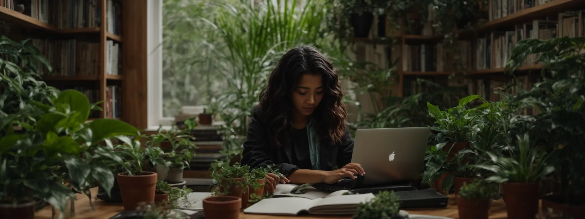 a person types on a laptop surrounded by books and plants, symbolizing the blend of research and content creation.