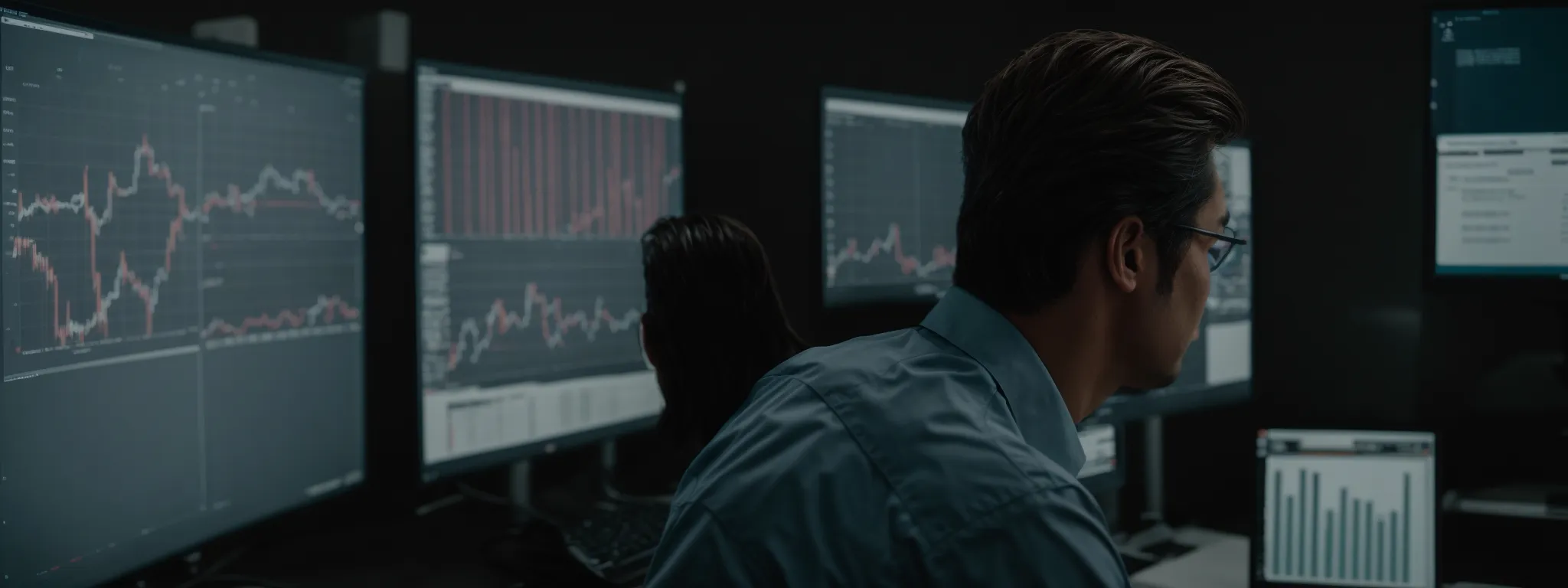 a confused business professional staring at a computer screen displaying incomprehensible graphs and charts.