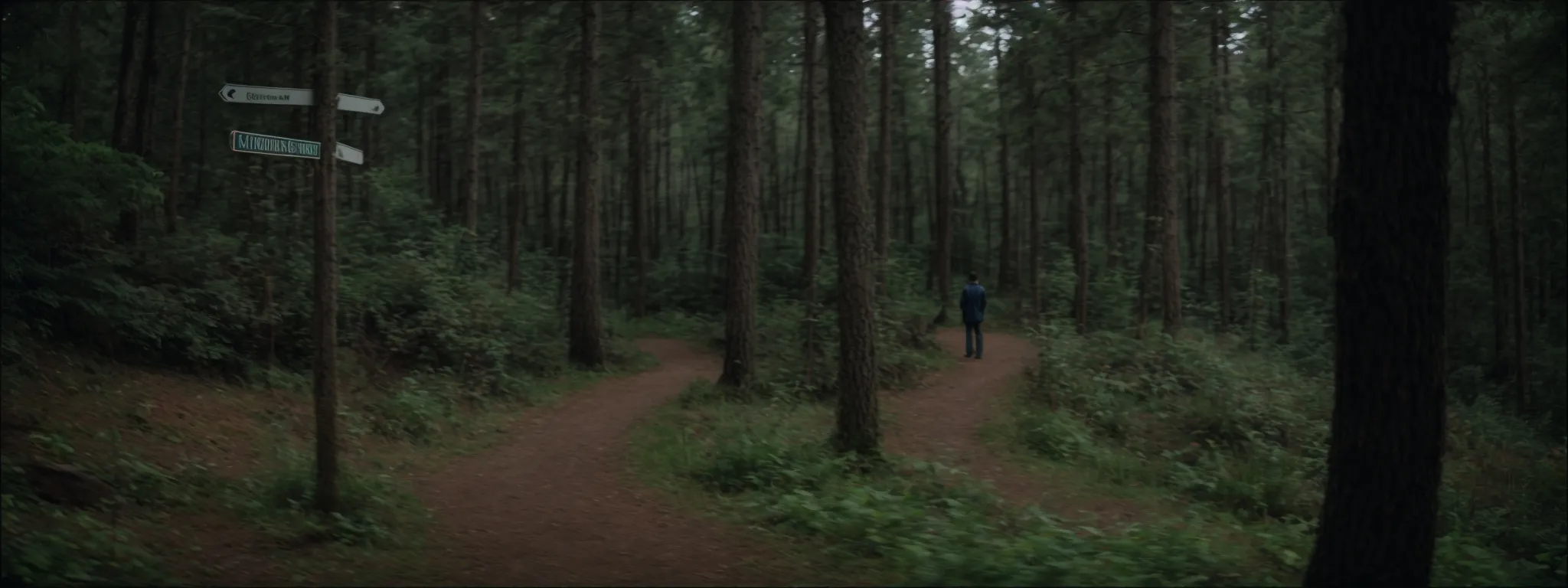 a person standing on a forest path looking intently at a signpost with multiple directions.