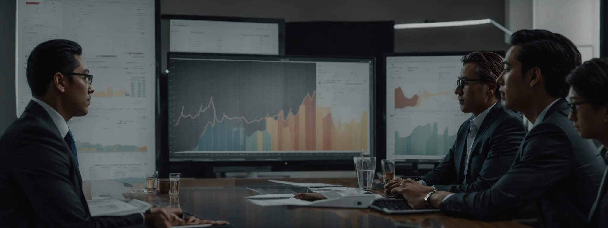 a professional meeting discussing strategy with a clear screen showing a graph and a website's analytics.