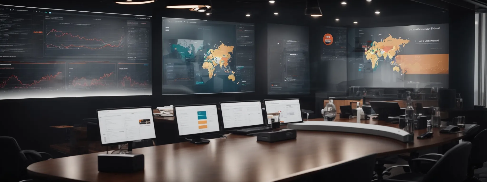 a boardroom with a dynamic, modern infographic presentation on a screen, symbolizing cutting-edge b2b marketing strategies and creative designs.