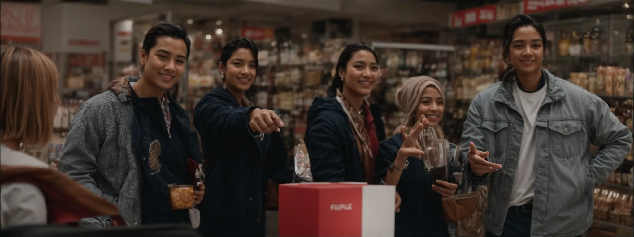 a group of diverse individuals joyfully pointing towards a product display, signifying collective approval.