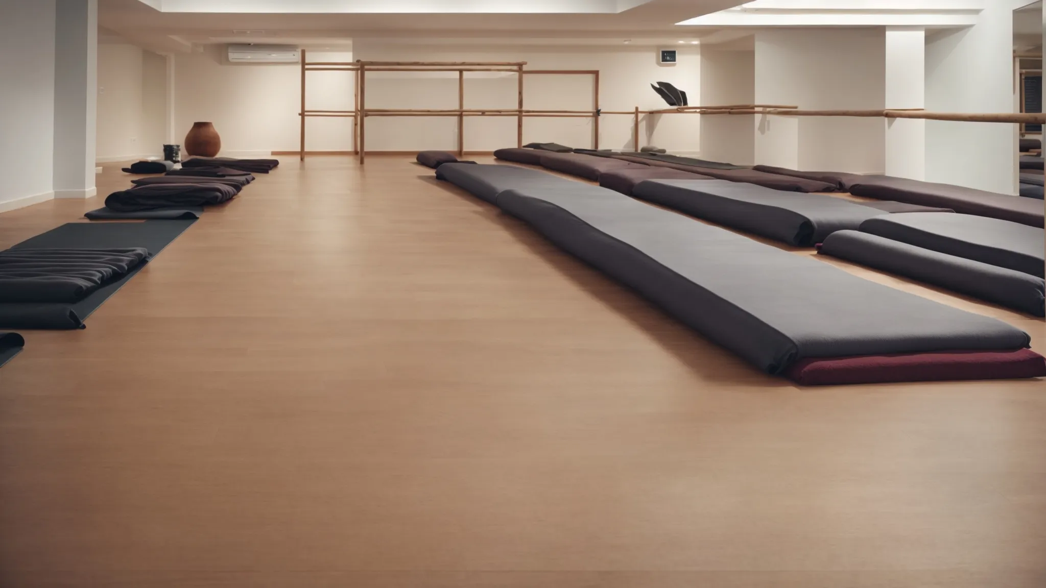 a serene yoga studio with mats laid out, waiting for an upcoming class.