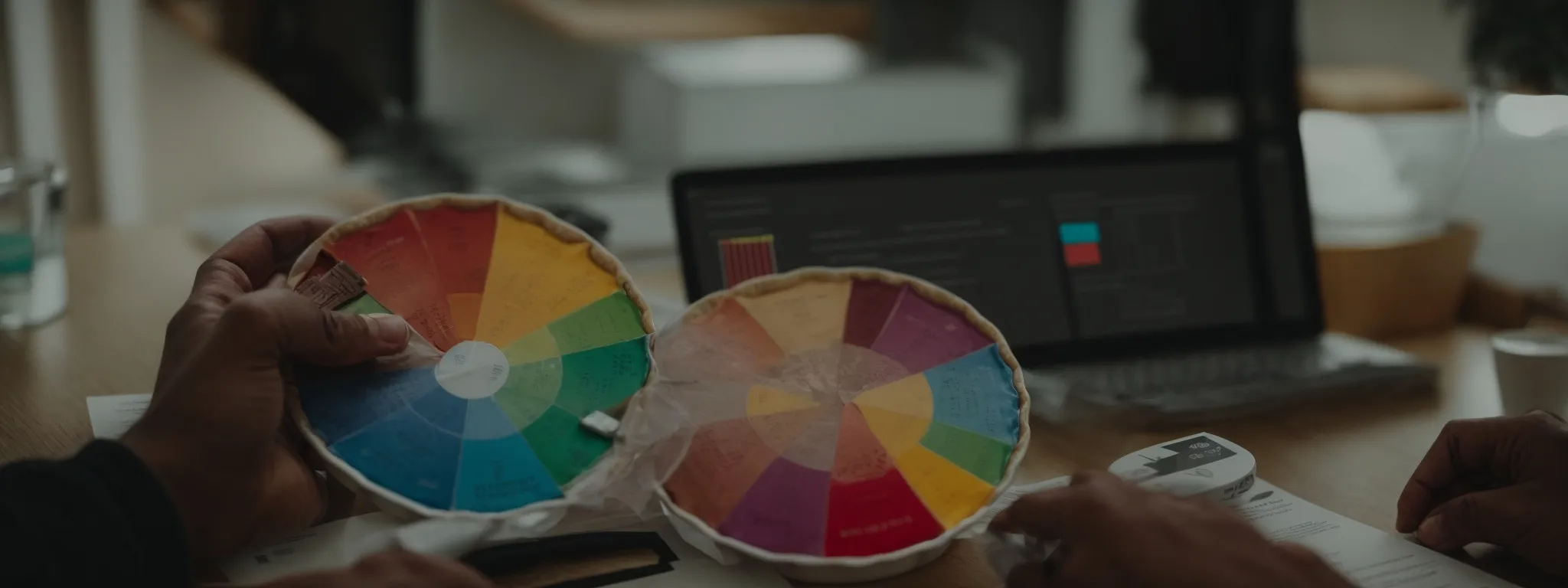 a marketing professional meticulously adjusts a colorful pie chart, symbolizing the segmentation of an audience for targeted communication strategies.