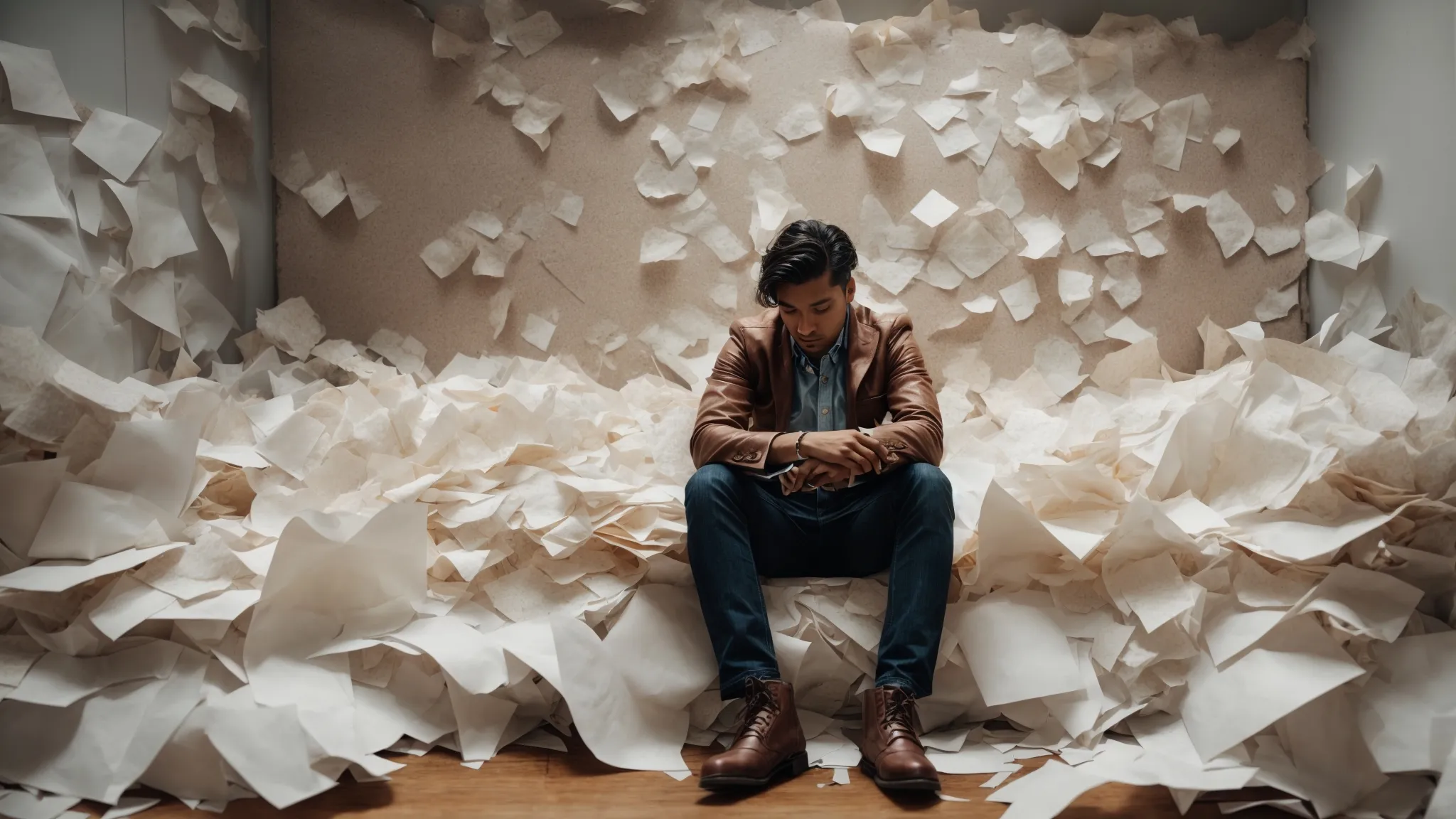 a crumbled paper and discarded drafts surrounding an overwhelmed marketer sitting in front of an empty whiteboard.