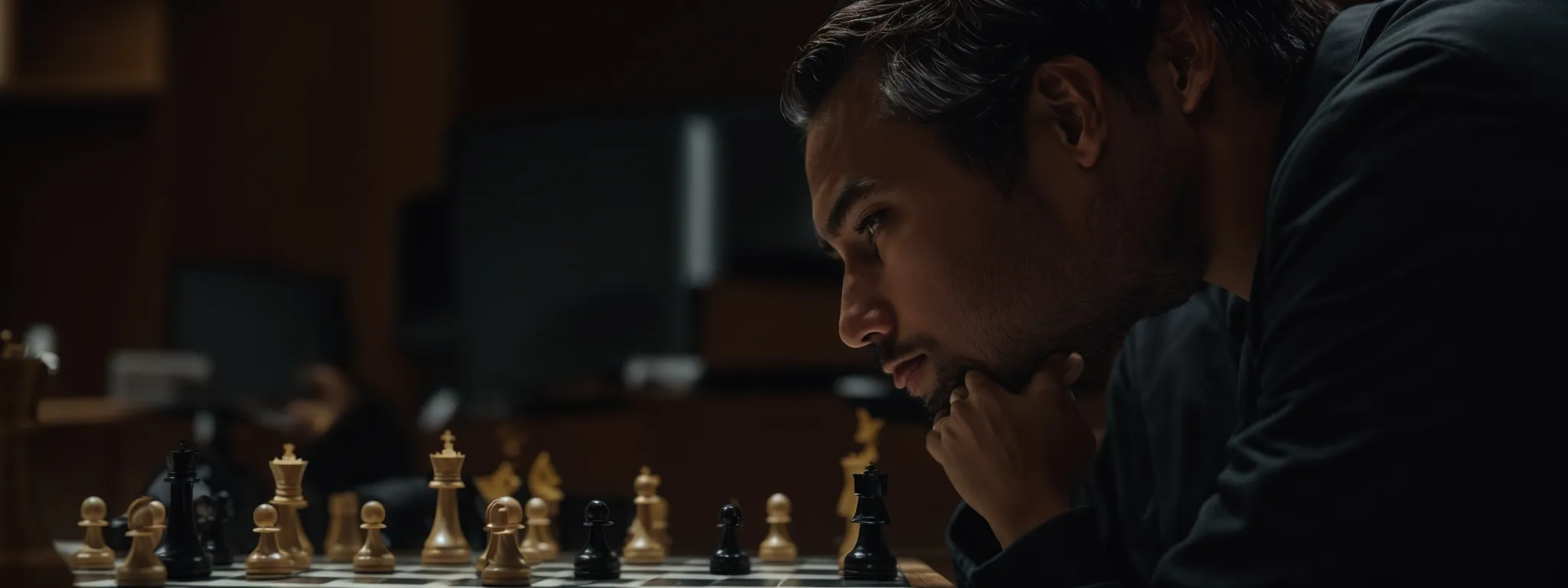a chess player contemplating a strategic move on a chessboard, representing tactical planning in the competitive world of seo.