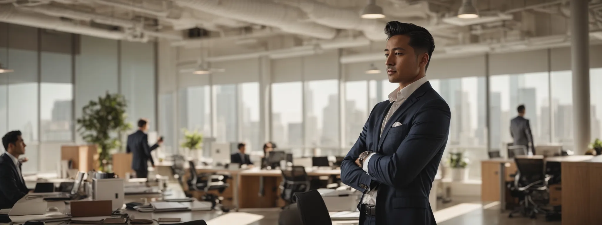 a confident entrepreneur gazes across a modern, sunlit office space where creative team members collaborate over a digital marketing strategy.