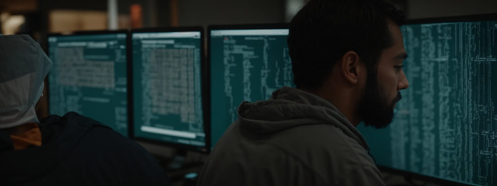 a web developer intently scrutinizes lines of code on a computer screen, symbolizing the meticulous on-page seo optimizations aimed at speeding up website performance.