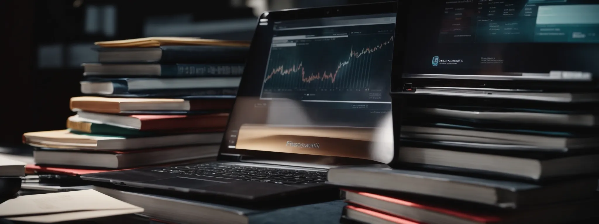 a laptop displaying an analytics dashboard surrounded by stacks of textbooks.