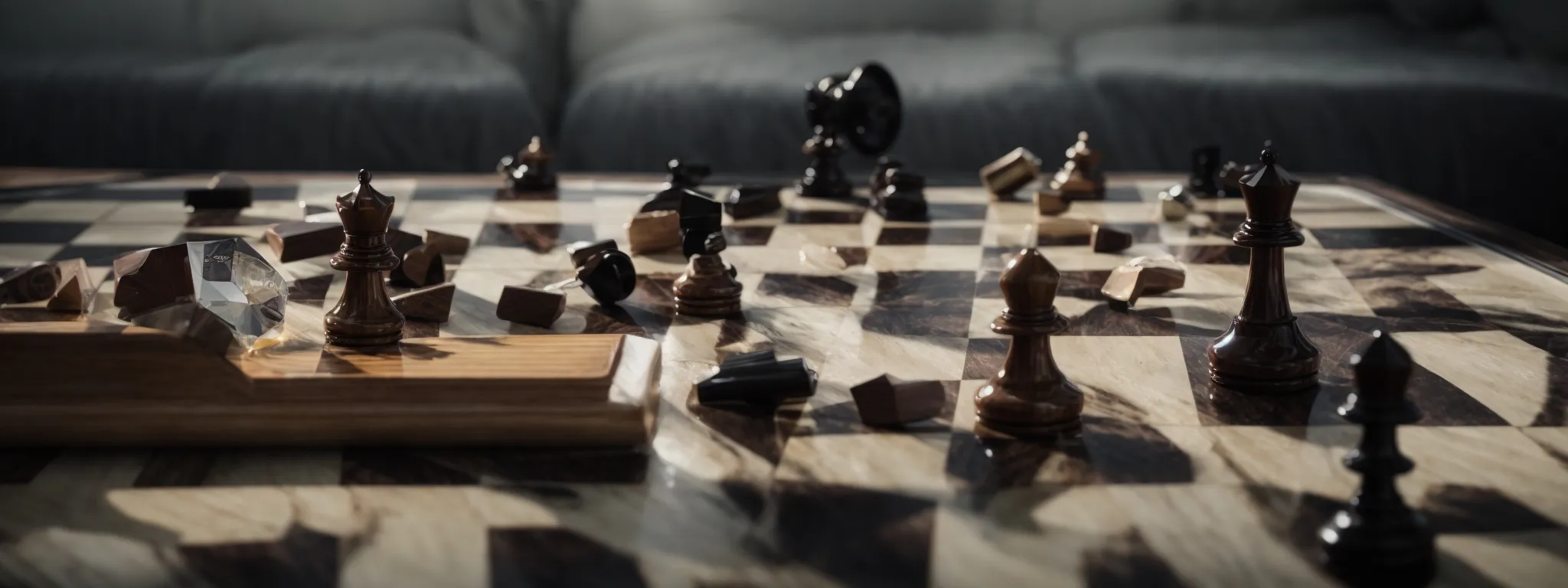 a chessboard with one piece being knocked over by an unseen force, symbolizing strategic sabotage.