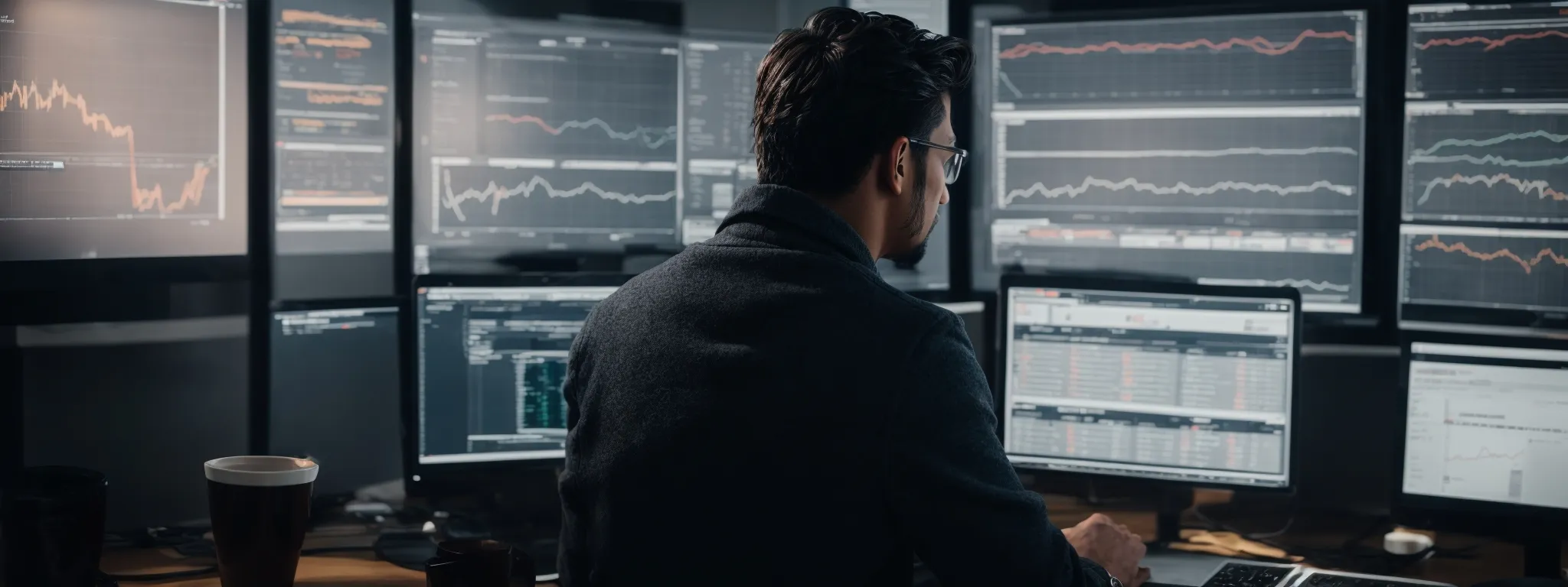 a digital marketer is intently analyzing search engine results on a computer screen, surrounded by graphs and analytics dashboards reflecting seo performance.