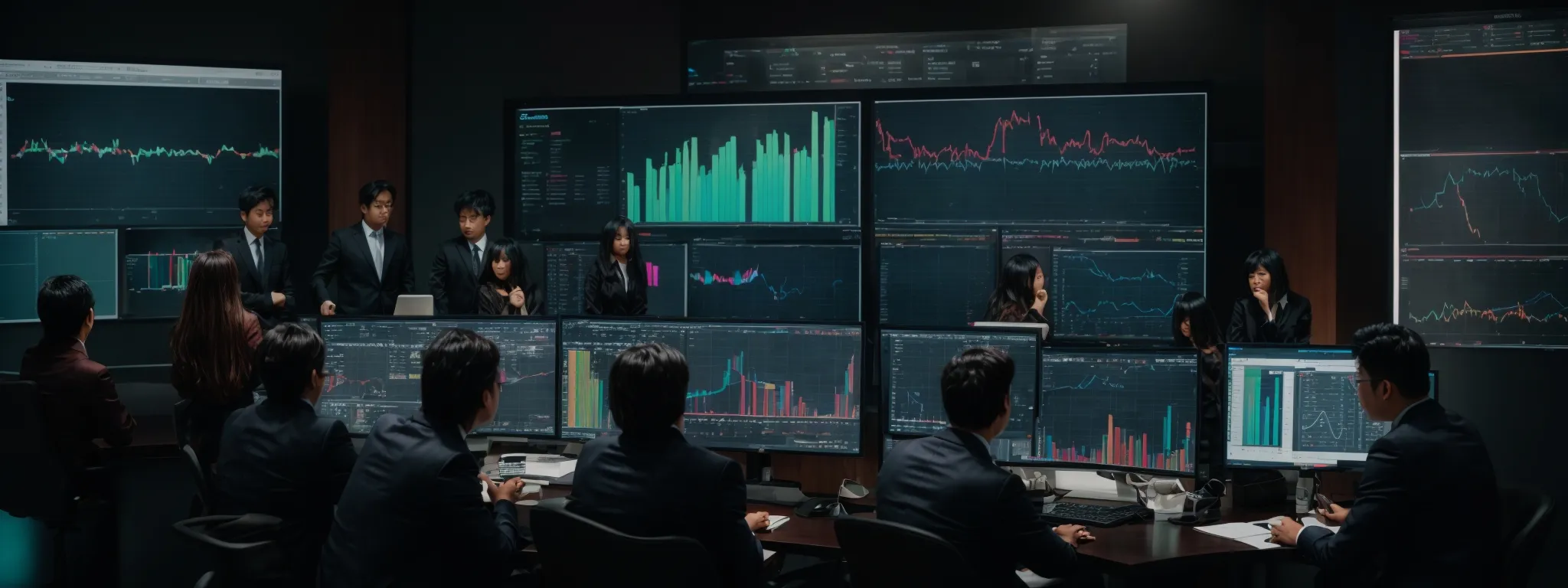 a group of professionals gathered around a large monitor displaying colorful graphs and data analytics dashboards.