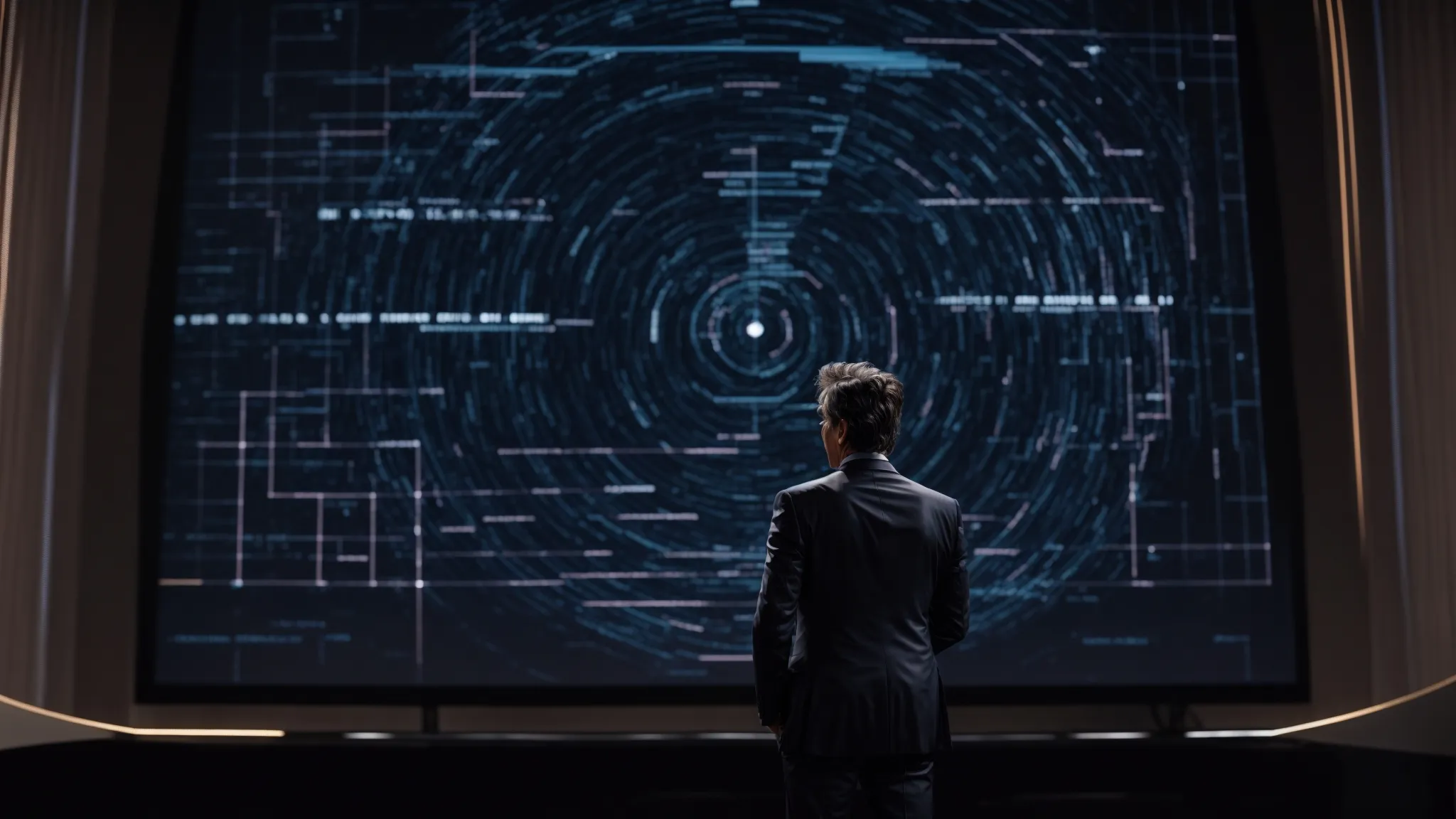 ben stiller, in a crisp suit, confidently points to a large, glowing, abstract representation of an algorithm on a screen during a tech presentation.