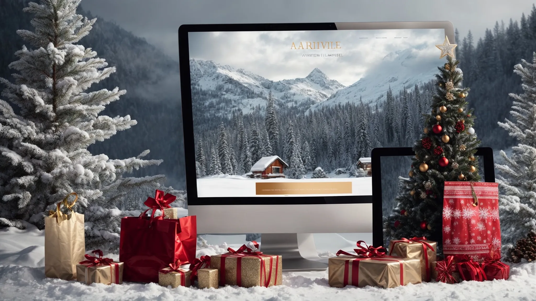 a winter holiday-themed shopping website interface displaying festive products and a search bar on a computer screen.