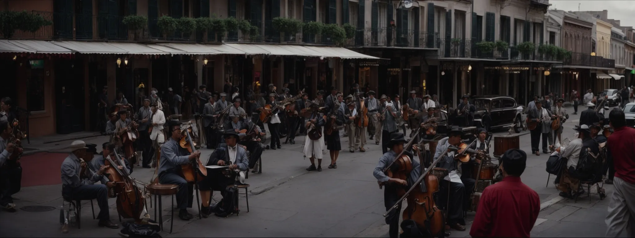a bustling french quarter street scene with musicians, iconic architecture, and engaged passersby.
