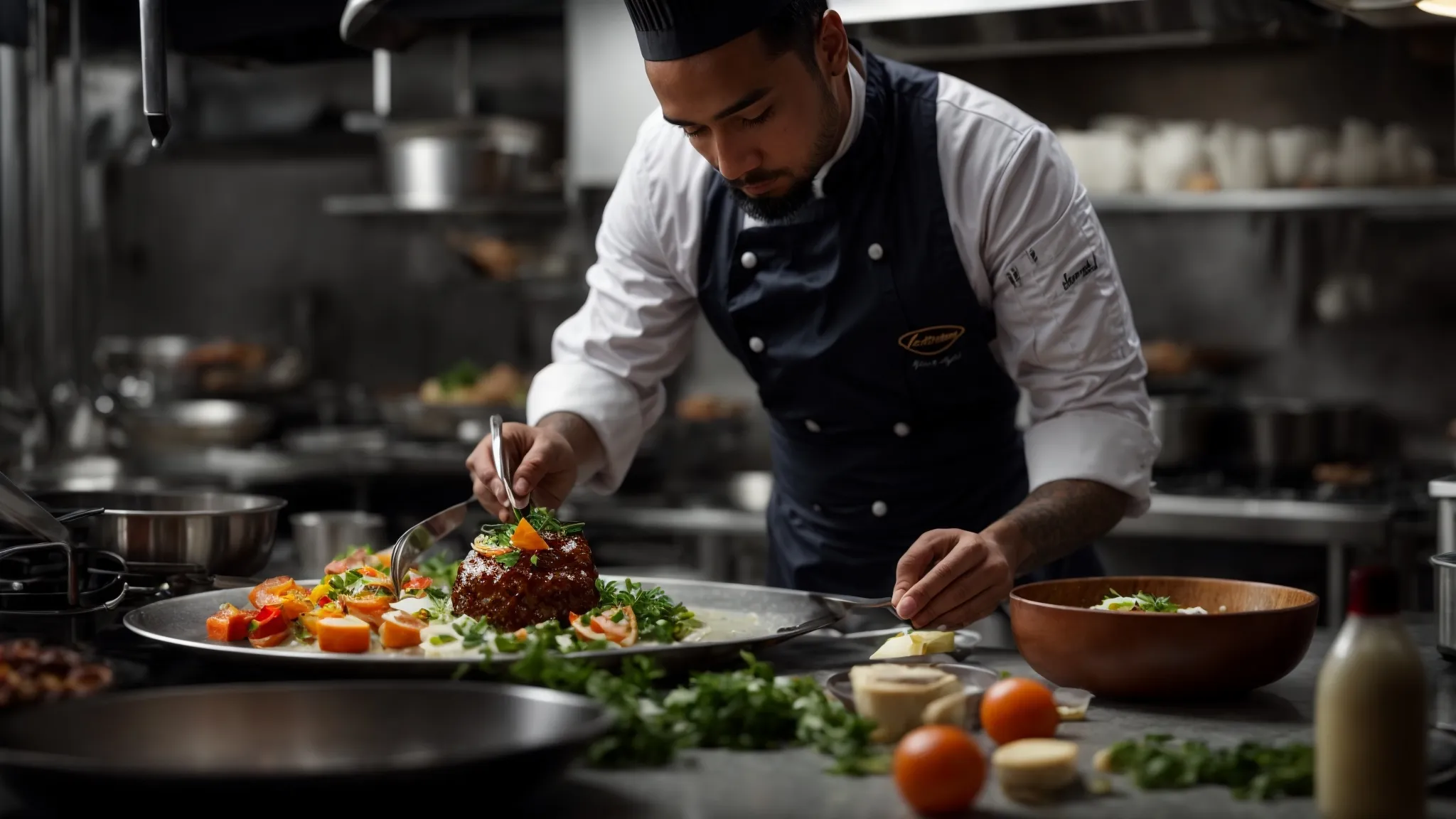 a chef delicately garnishes a gourmet dish in a professional kitchen, symbolizing the fusion of artful content and seo strategy.