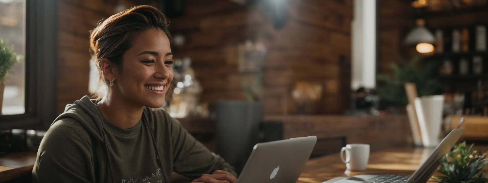 a small business owner smiles while crafting a personalized email on a laptop in a cozy, sunlit local coffee shop.