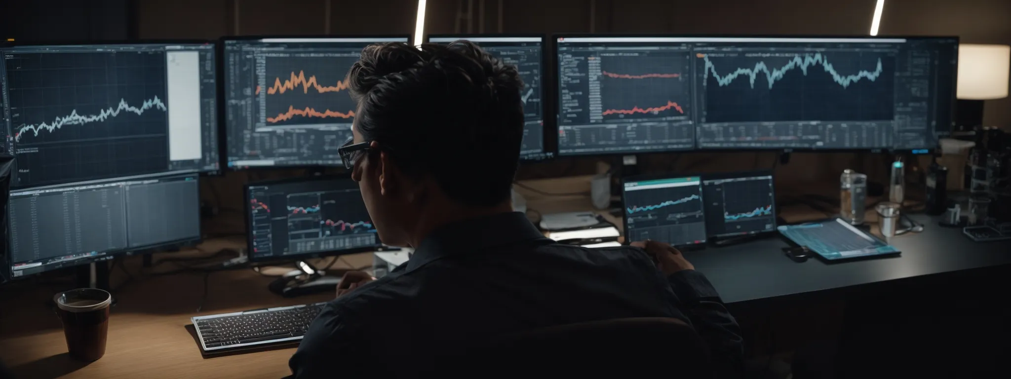 a marketer analyzing complex data visualizations on multiple computer monitors, reflecting an advanced user experience testing environment.