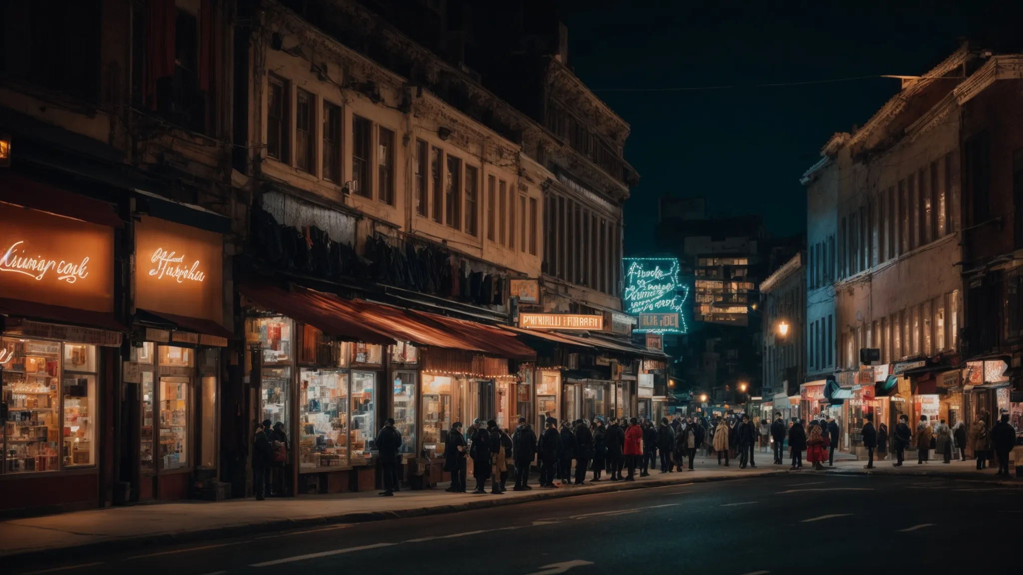 a bustling city street with diverse storefronts and glowing signage under the twilight sky.