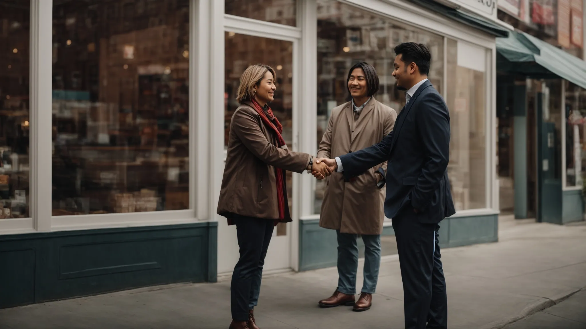 a business owner shaking hands with a digital marketing expert in front of a shop with a noticeable increase in foot traffic.
