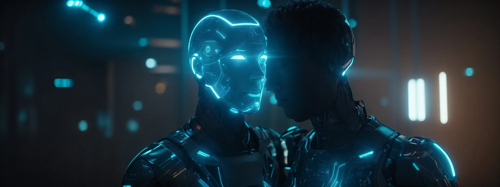 a glowing humanoid figure interacting with a holographic interface, symbolizing the fusion of artificial intelligence with content creation.