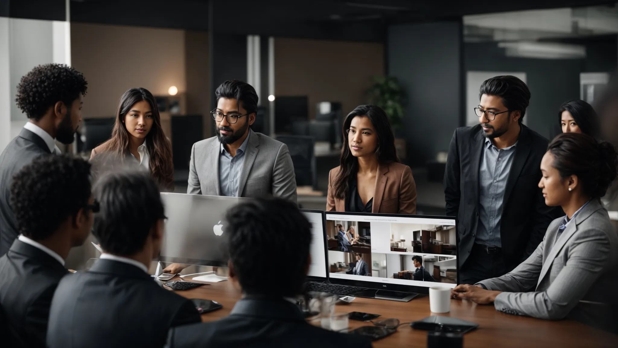 a diverse group of international professionals discussing around a website interface on a large monitor in a modern office.