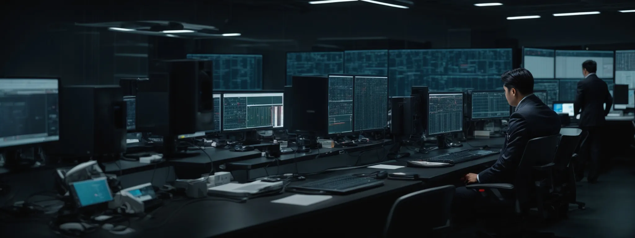 a team of professionals analyzes data on multiple computer screens in a high-tech control room.