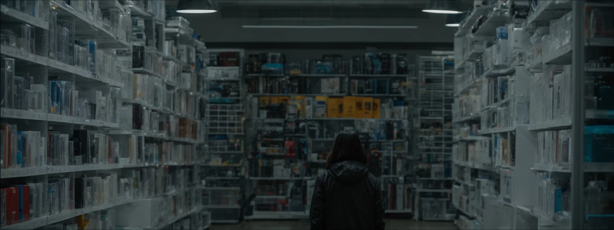 a person stands before a wall of categorized shelves, each containing various high-tech gadgets and devices.