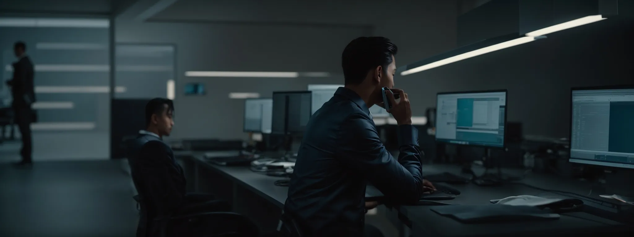 a sleek, modern office with a focused individual typing on a computer where the screen illuminates their face, hinting at advanced technology at work.