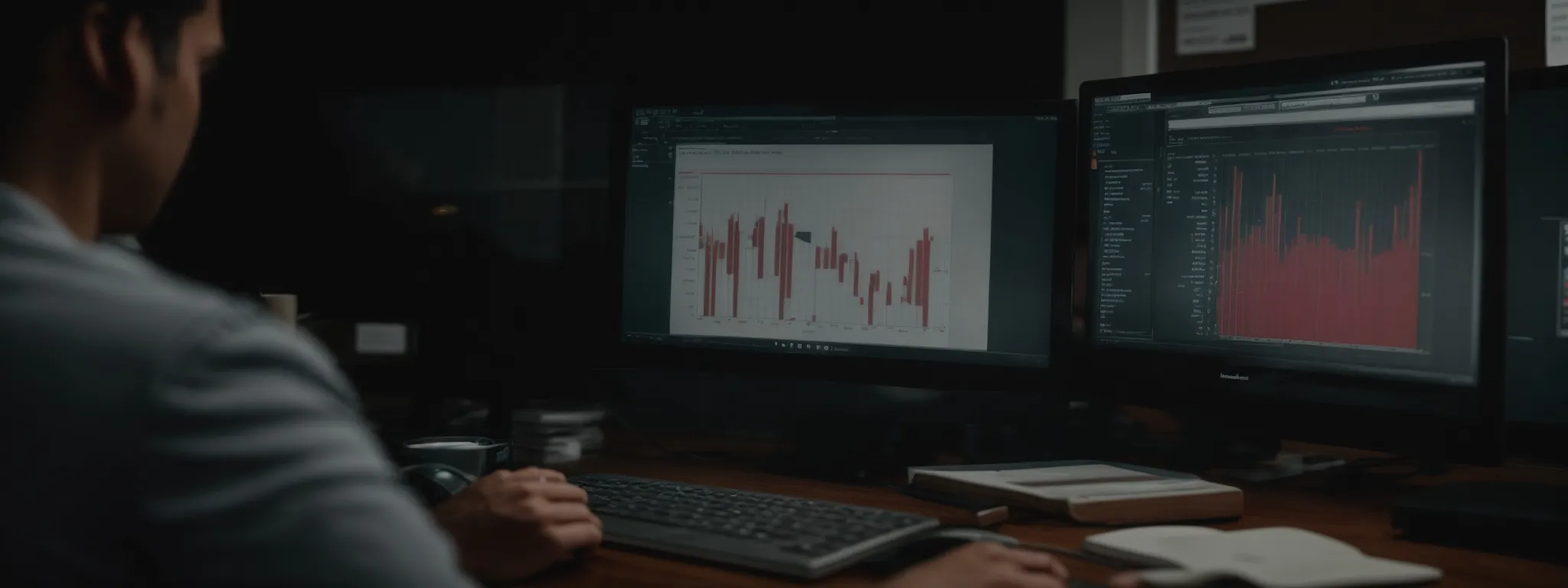 a marketer analyzing graphs and charts on a computer screen to optimize website content titles.