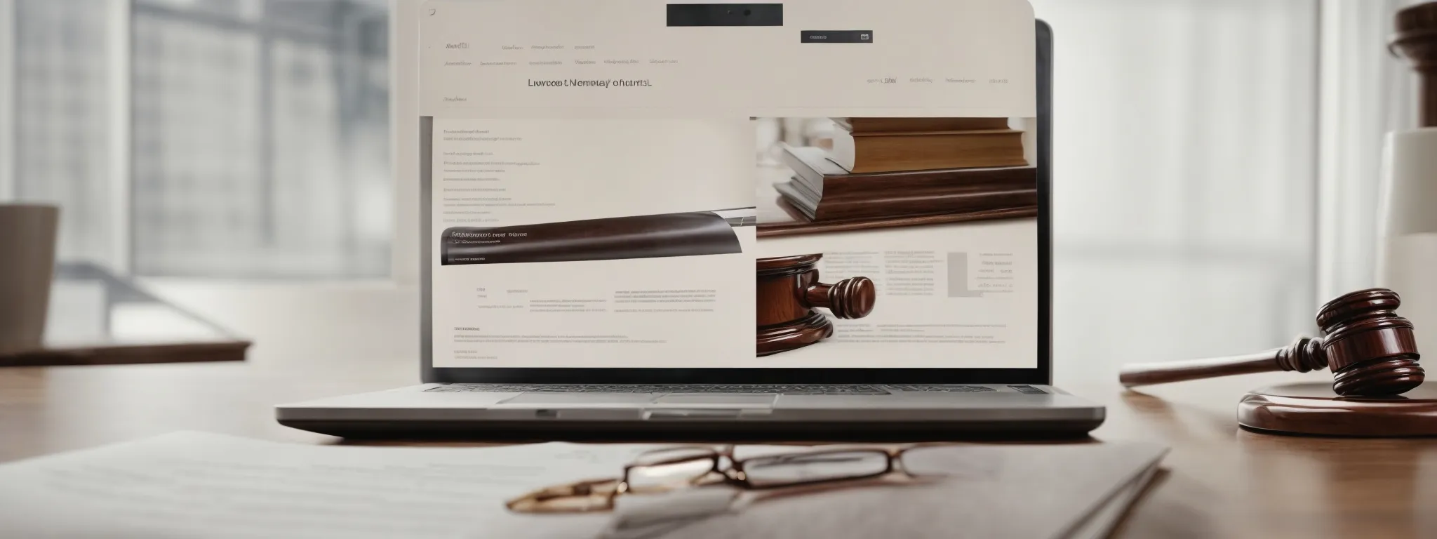 a laptop with legal documents on the screen and a gavel beside it suggests strategies for optimizing a law firm's online presence.