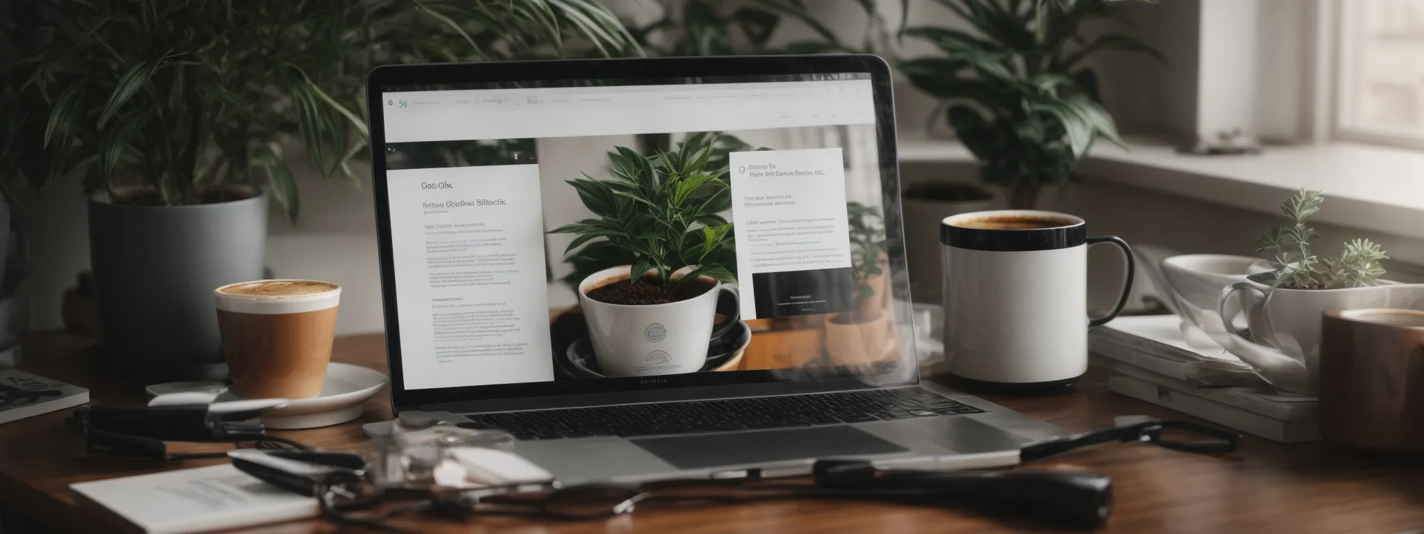 a desktop with an seo guidebook open next to a plant and a cup of coffee, symbolizing an seo professional’s workspace as they optimize a website's outbound links.