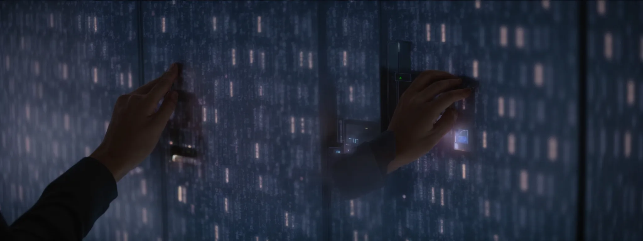 an image of a person confidently adjusting a digital security firewall to protect a computer screen displaying 5-star ratings.