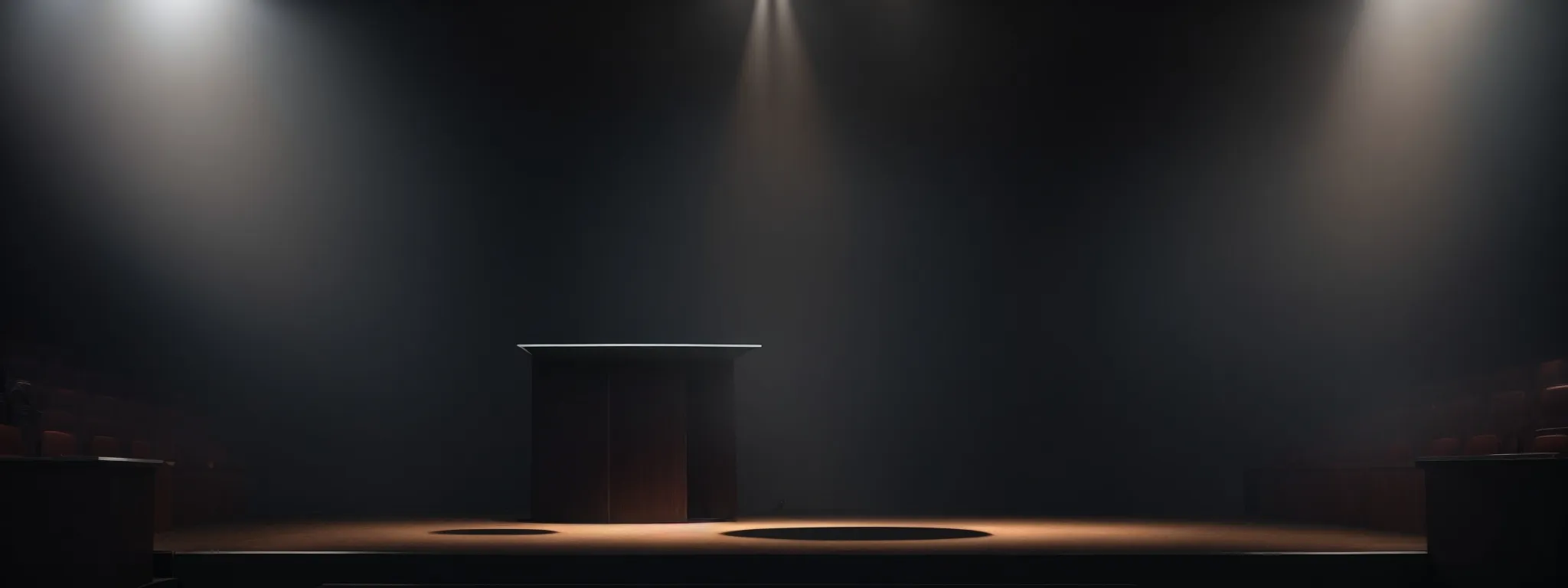 a spotlight illuminates a podium with a blank, prominent billboard in the background, setting the stage for a brand announcement.