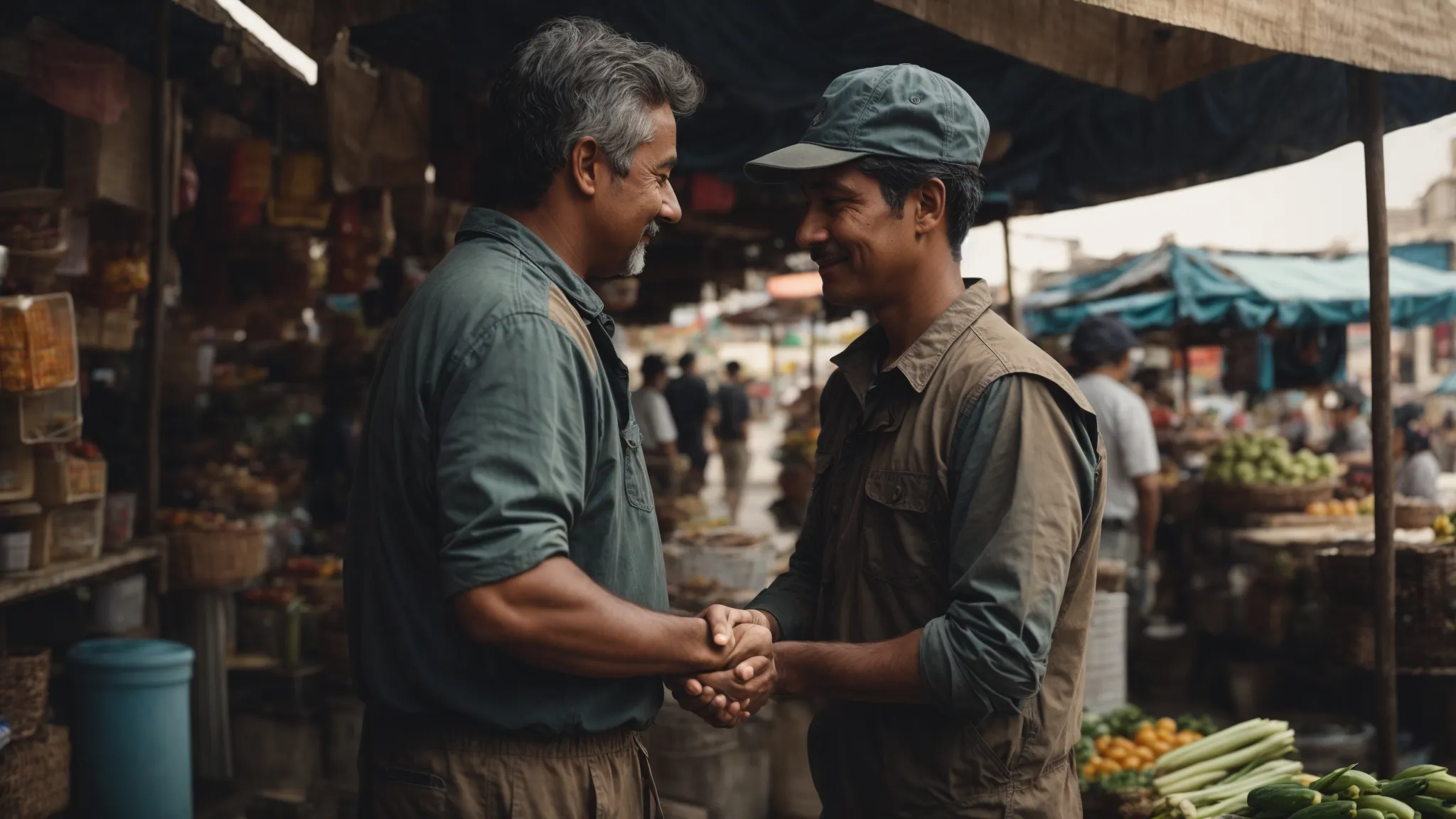 a tradesman shaking hands with a partner in front of a bustling local marketplace.