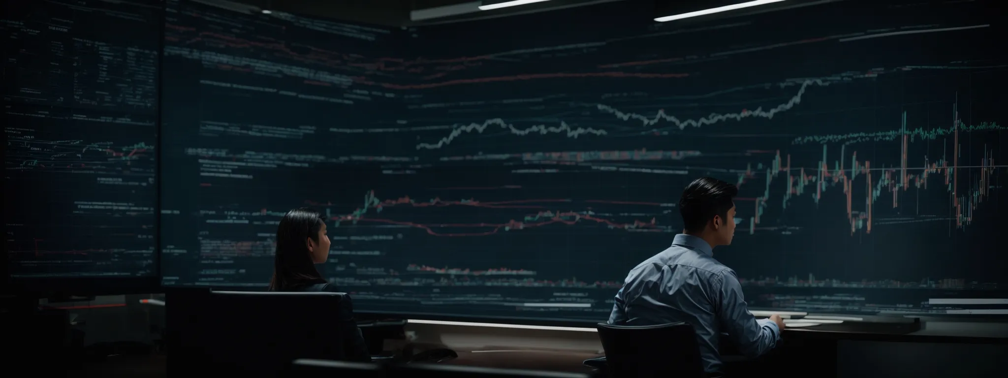 a business person analyzing a large screen filled with graphs and analytical data.