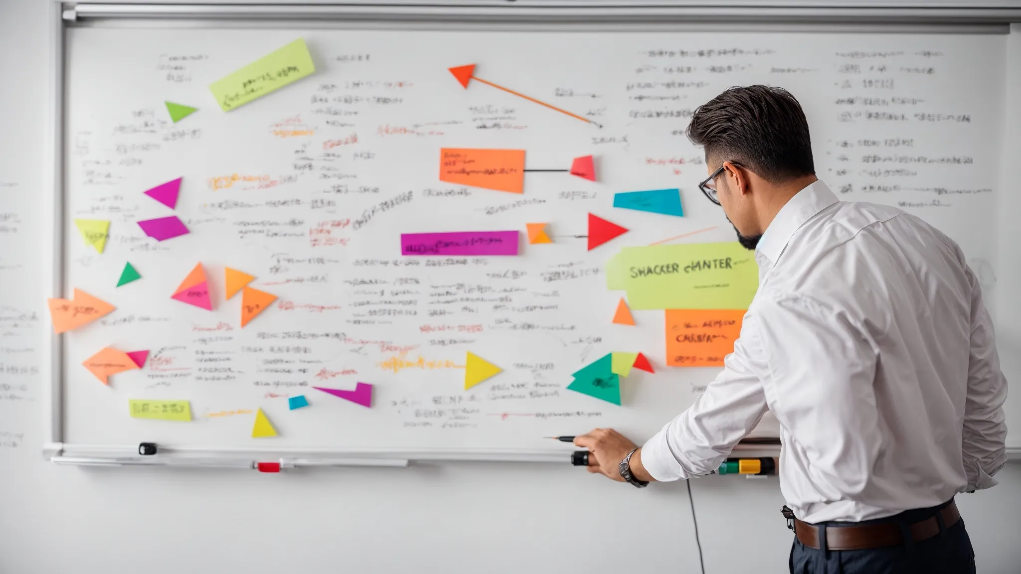 a diligent entrepreneur outlines a strategy on a whiteboard with colorful marker arrows pointing at words representing various market sectors.