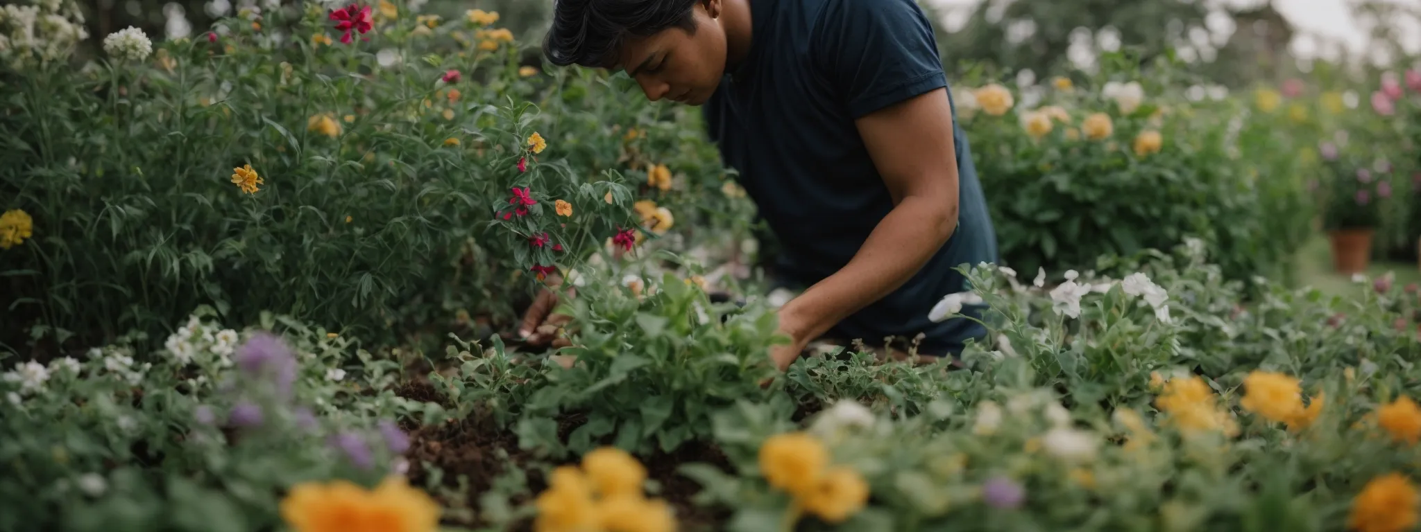 a close-up of a gardener carefully selecting healthy flowers to plant in a lush garden.