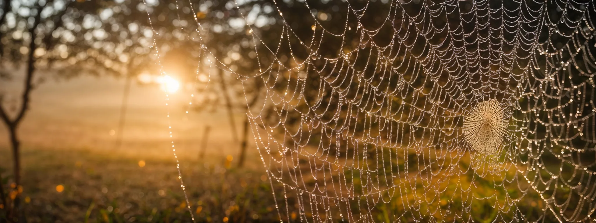 a spider web glistening with morning dew as the sun rises, symbolizing the intricate, interconnected structure of an optimized ecommerce platform.
