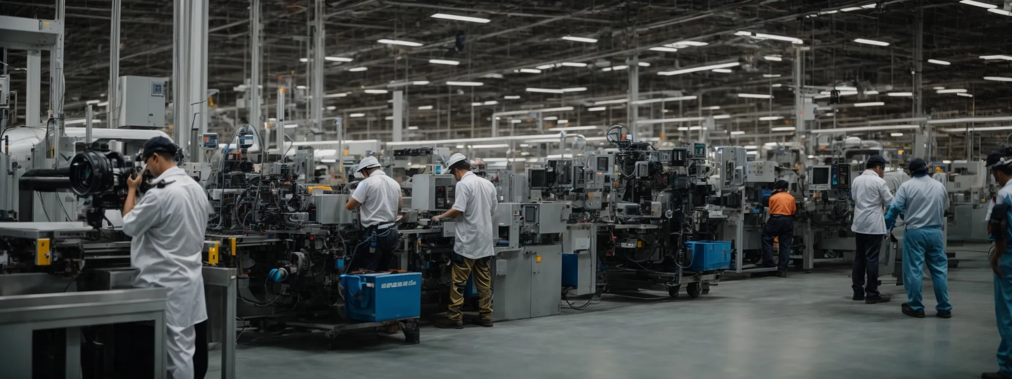 a professional videographer films an elaborate manufacturing assembly line as workers seamlessly operate machinery.